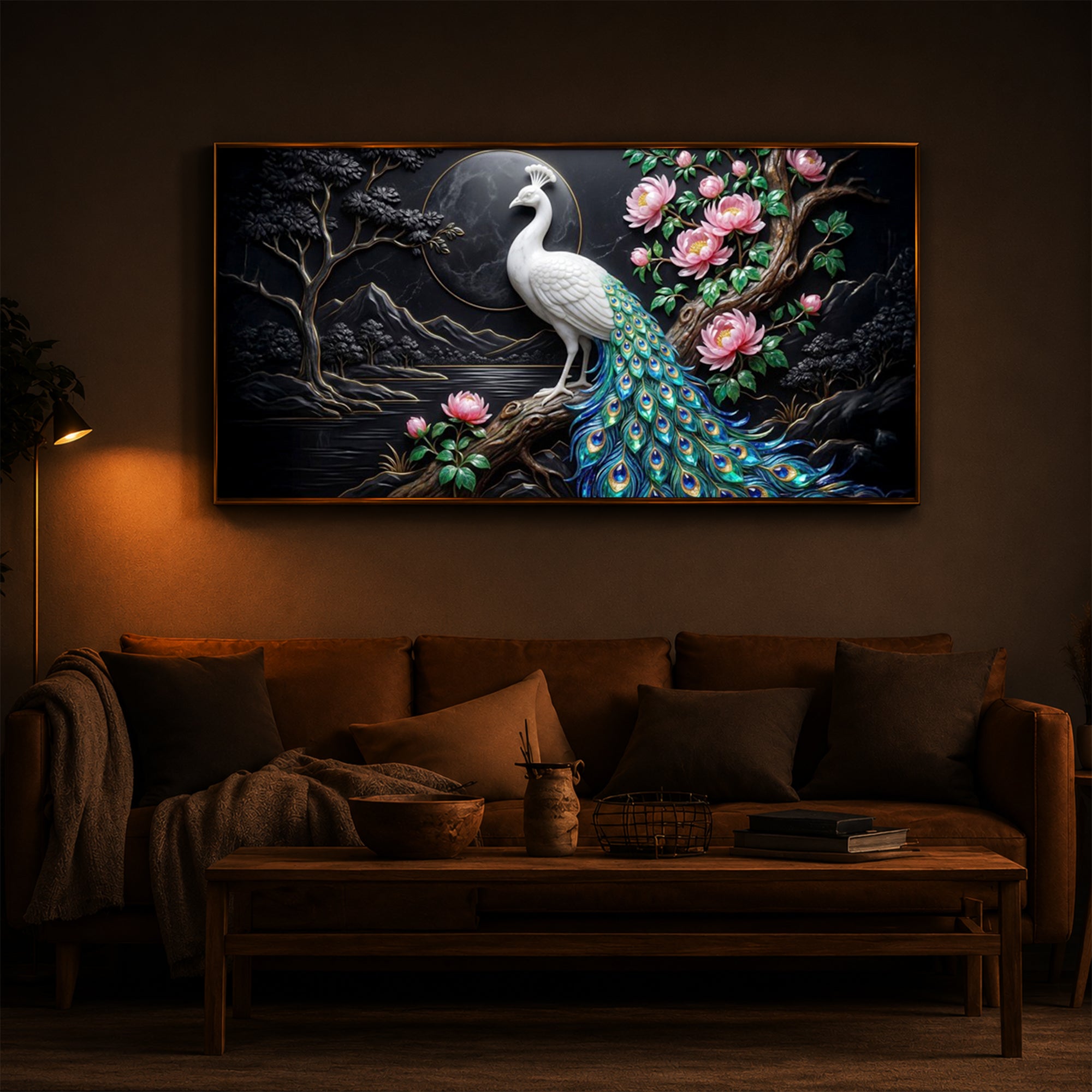 White Peacock With Flowers Modern Luxury Backlight Horizontal Wall Art