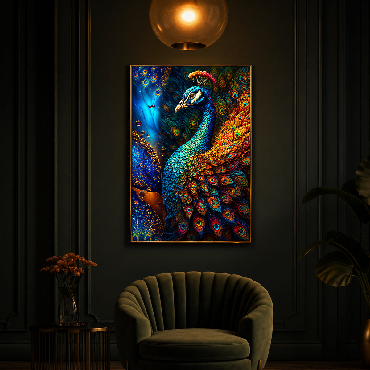 Majestic Regal Peacock Feathers Modern Luxury Backlight Vertical Wall Art