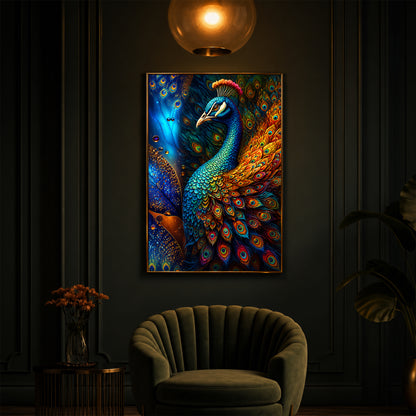 Majestic Regal Peacock Feathers Modern Luxury Backlight Vertical Wall Art