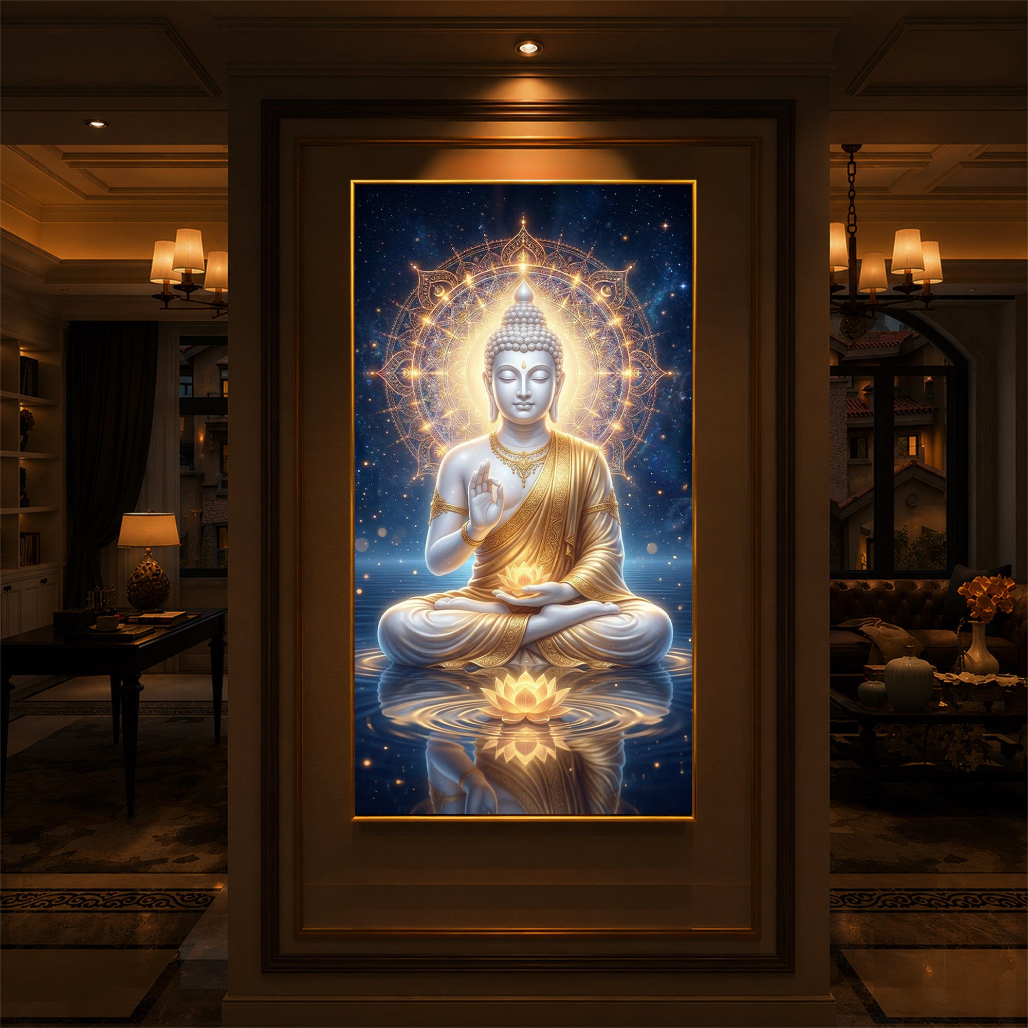 Blessings Of Buddha Modern Luxury Backlight Vertical Wall Art
