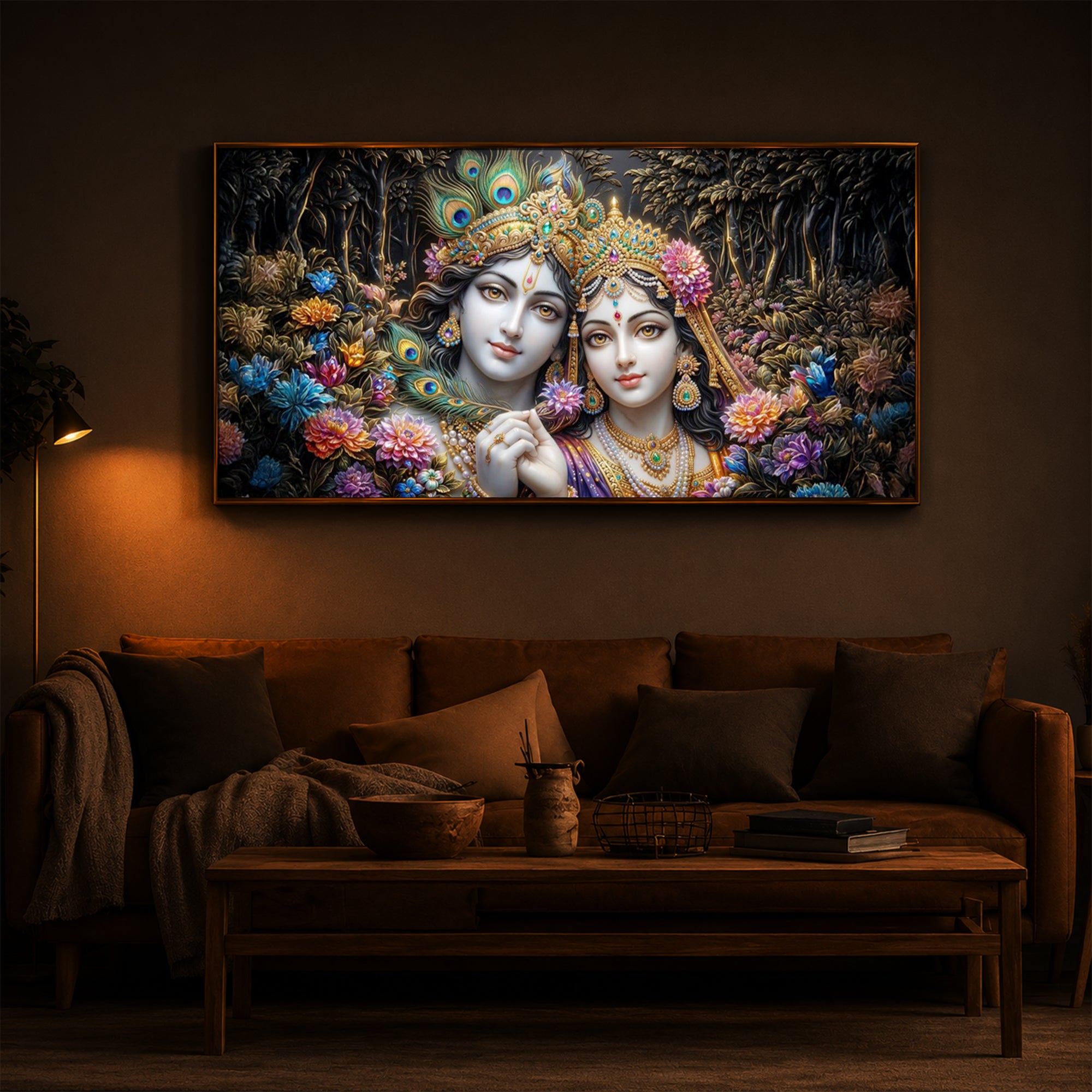 Spiritual Serenity Radha Krishna Modern Luxury Backlight Horizontal Wall Art