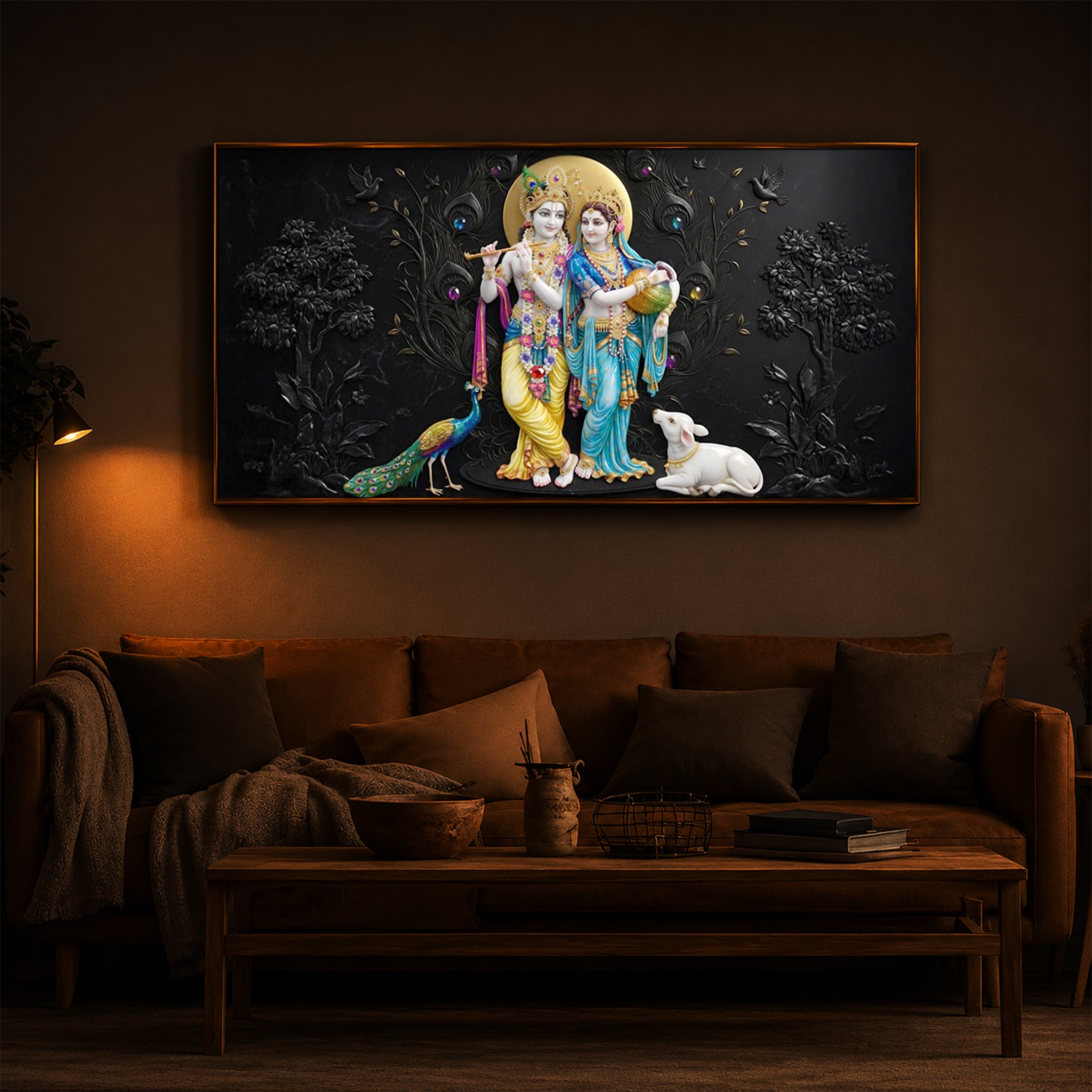 Depicting Radha Krishna Modern Luxury Backlight Horizontal Wall Art