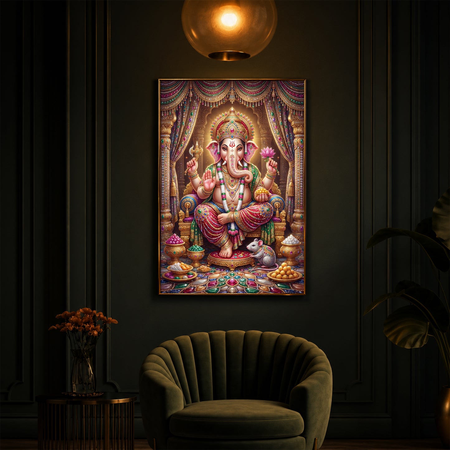 Shree Ganesh Darbar Modern Luxury Backlight Vertical Wall Art