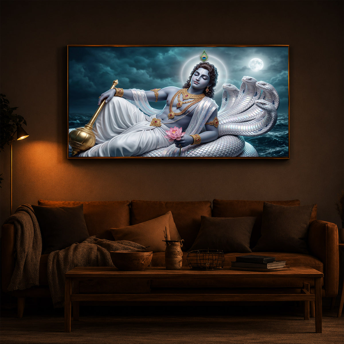 Lord Vishnu With Sheshnag Modern Luxury Backlight Horizontal Wall Art