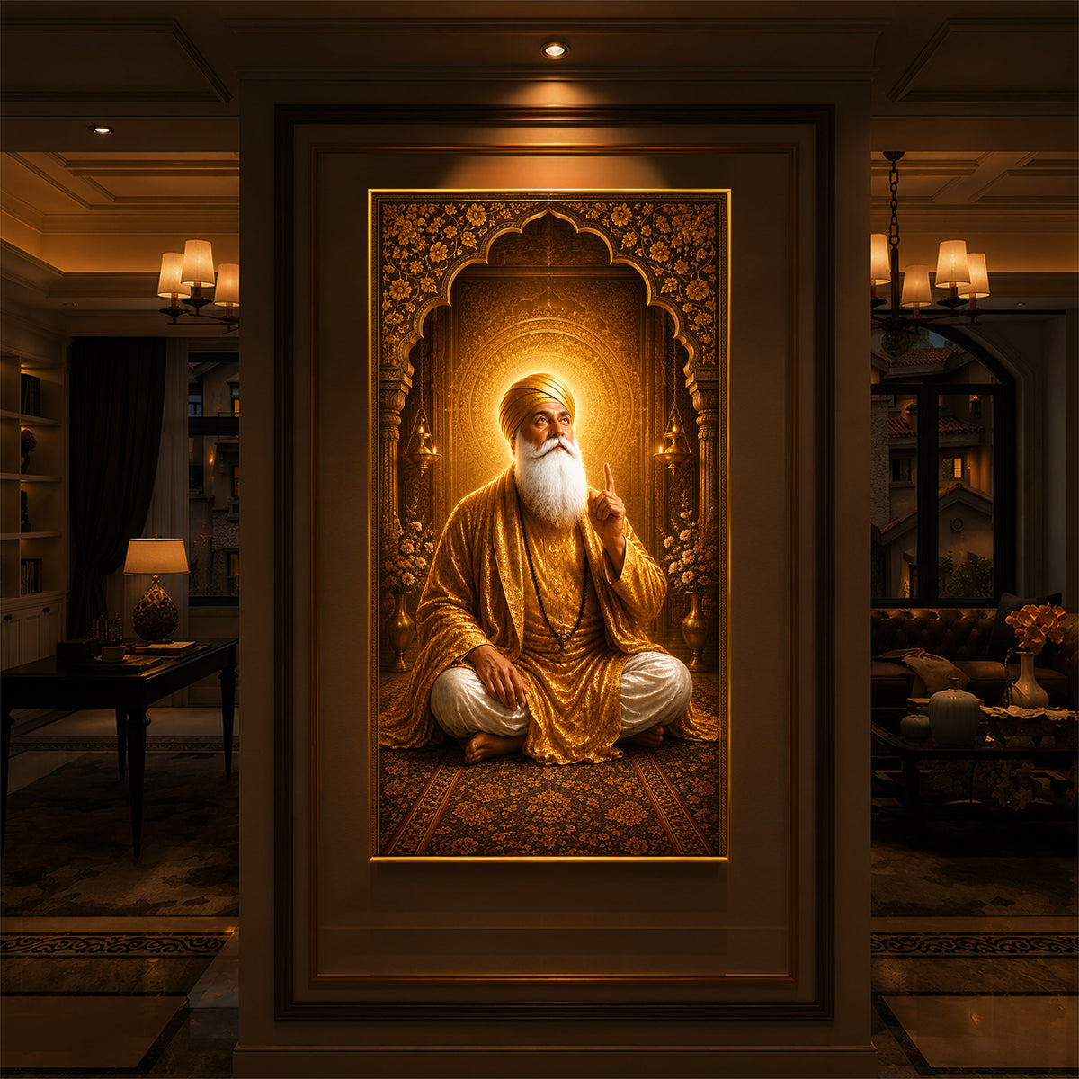 Divine Guru Nanak Dev Ji Golden Attire Modern Luxury Backlight Vertical Wall Art