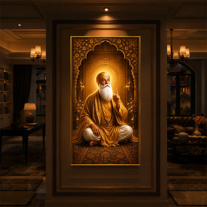 Divine Guru Nanak Dev Ji Golden Attire Modern Luxury Backlight Vertical Wall Art