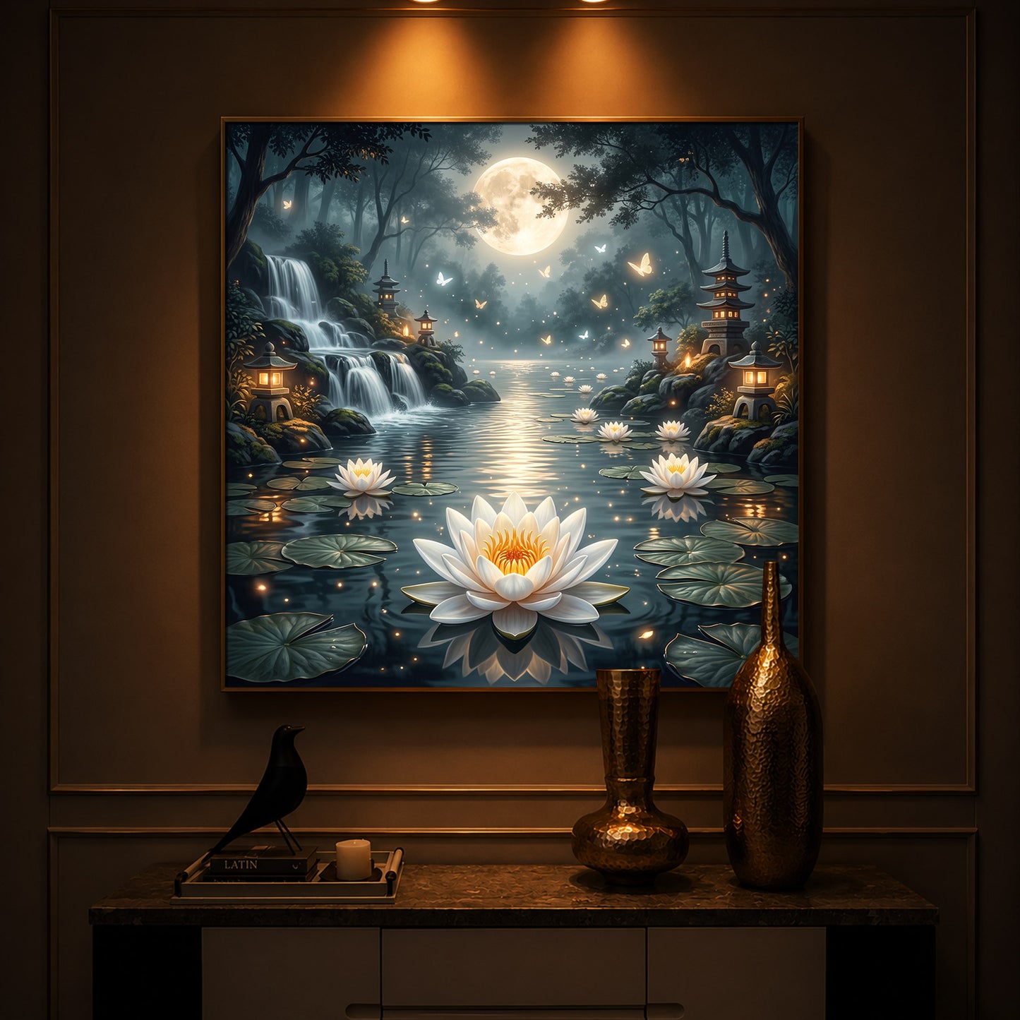 Moonlit Zen Lotus Pond Modern Luxury Backlight Square Wall Art