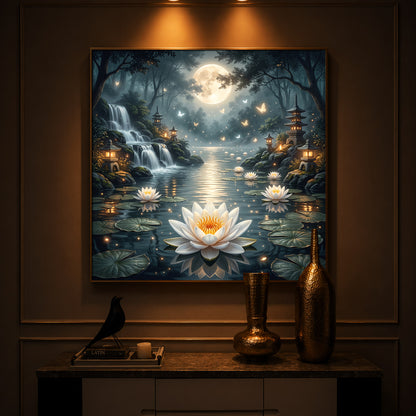 Moonlit Zen Lotus Pond Modern Luxury Backlight Square Wall Art