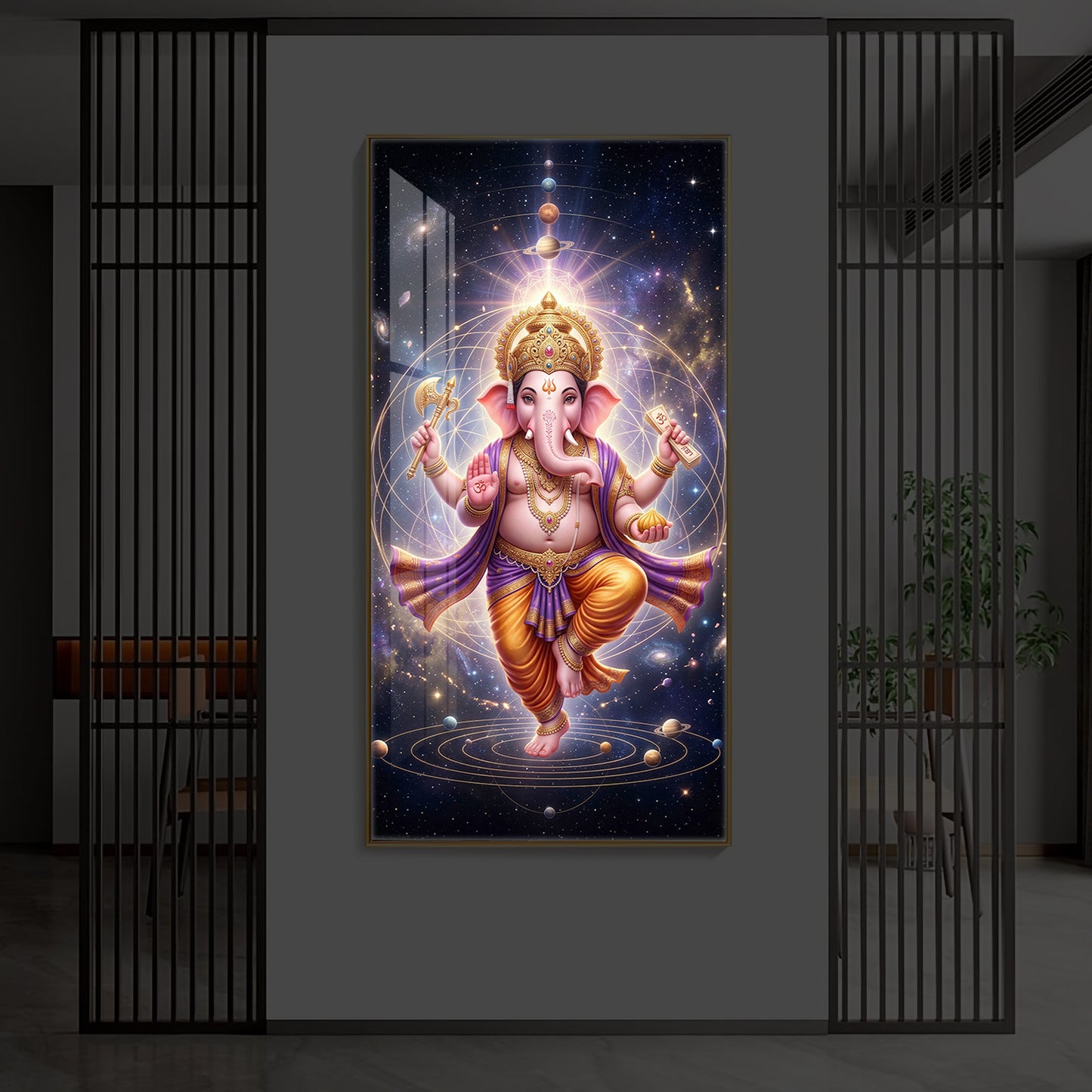 Shree Ganesha's Celestial Embrace Modern Luxury Backlight Vertical Wall Art