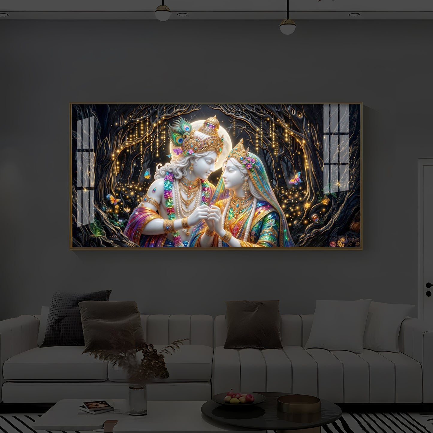 Spiritual Moonlight Radha Krishna Modern Luxury Backlight Horizontal Wall Art
