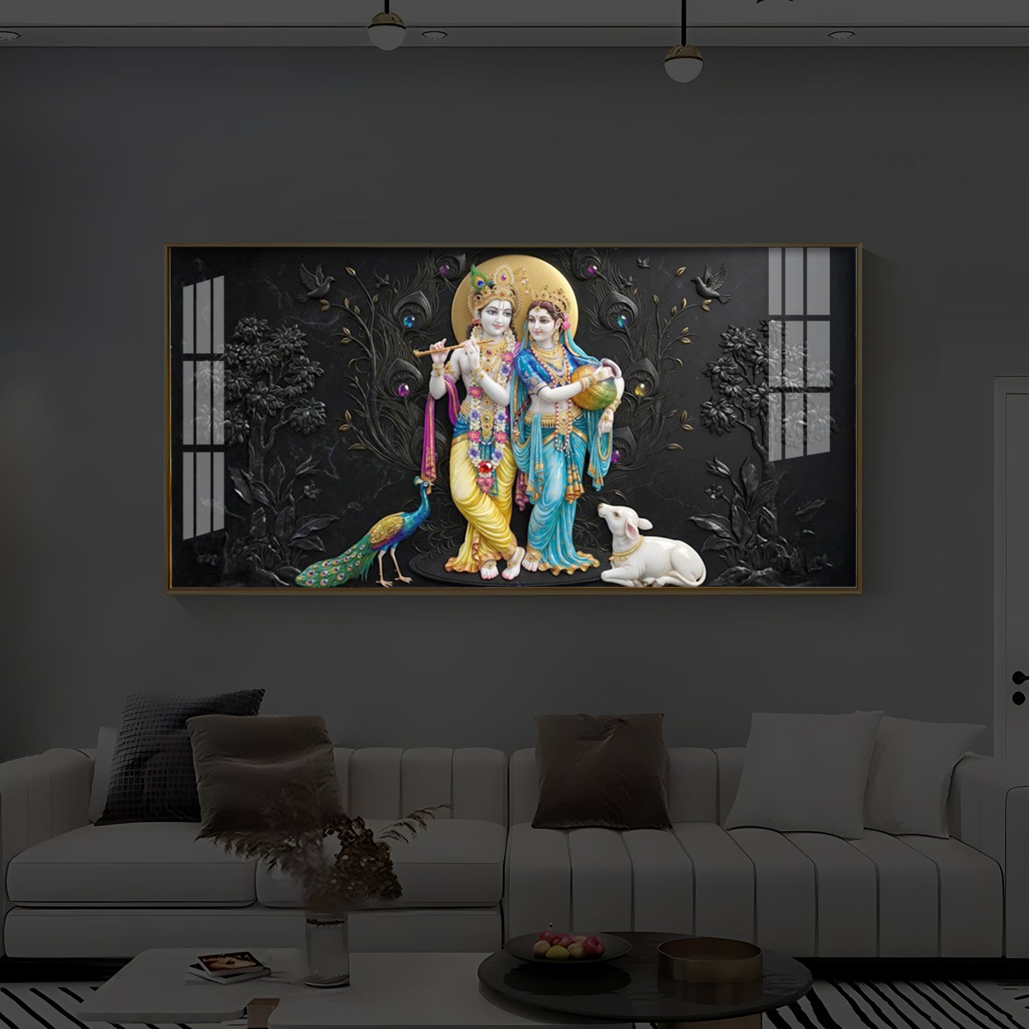Depicting Radha Krishna Modern Luxury Backlight Horizontal Wall Art