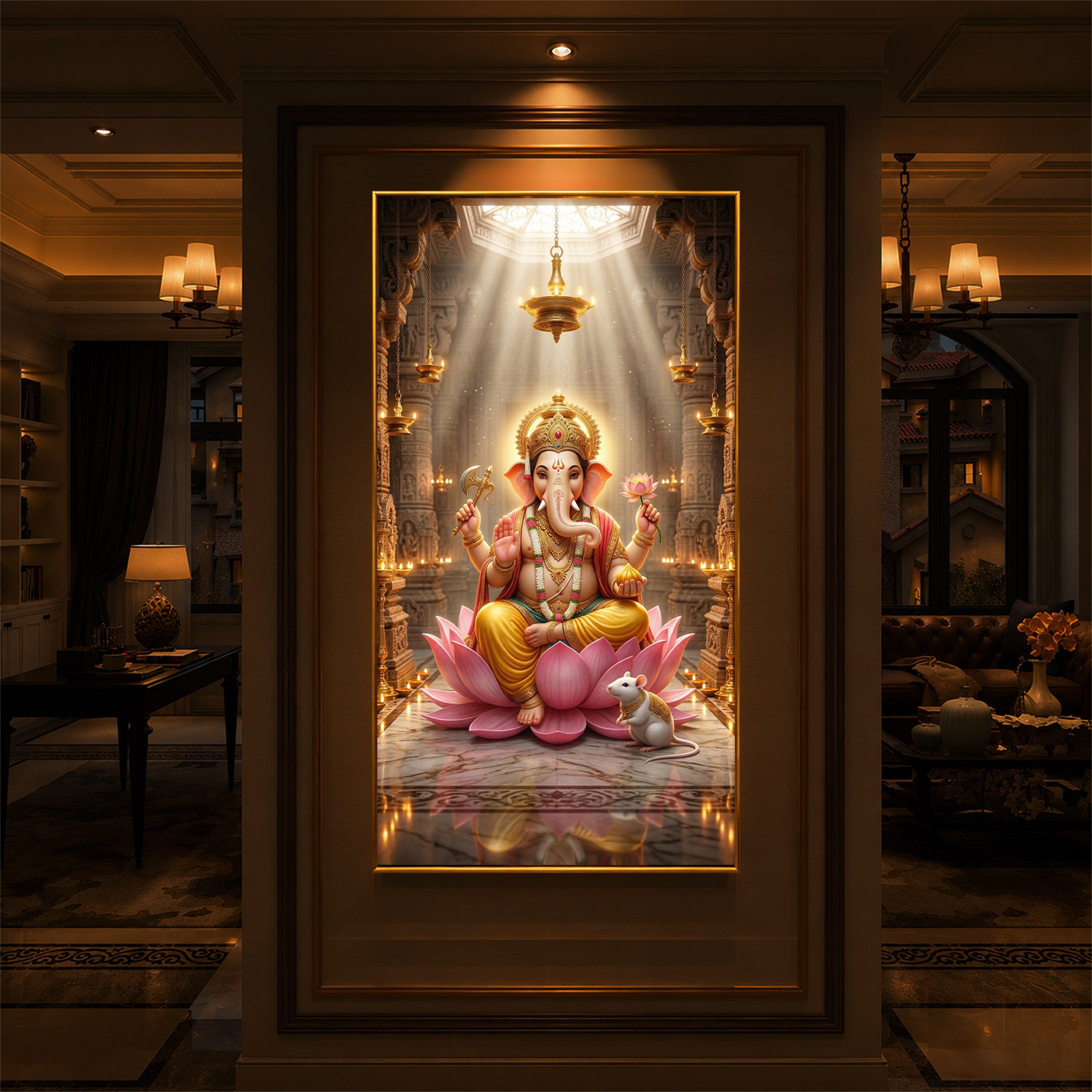 Lord Ganesh Ji On Lotus Modern Luxury Backlight Vertical Wall Art
