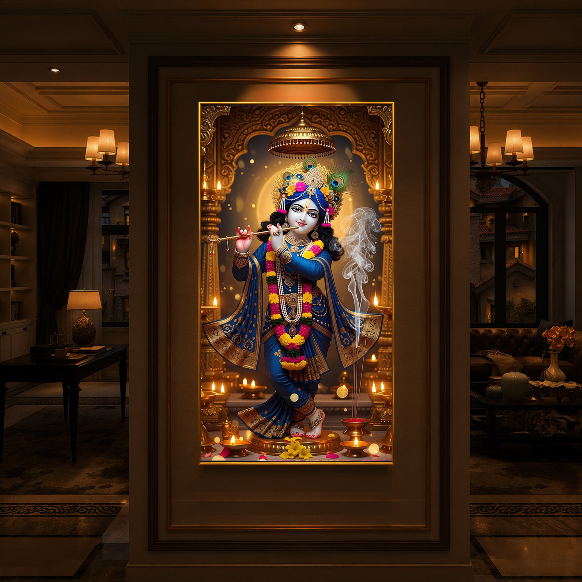 Lord Krishna Ji Modern Luxury Backlight Vertical Wall Art