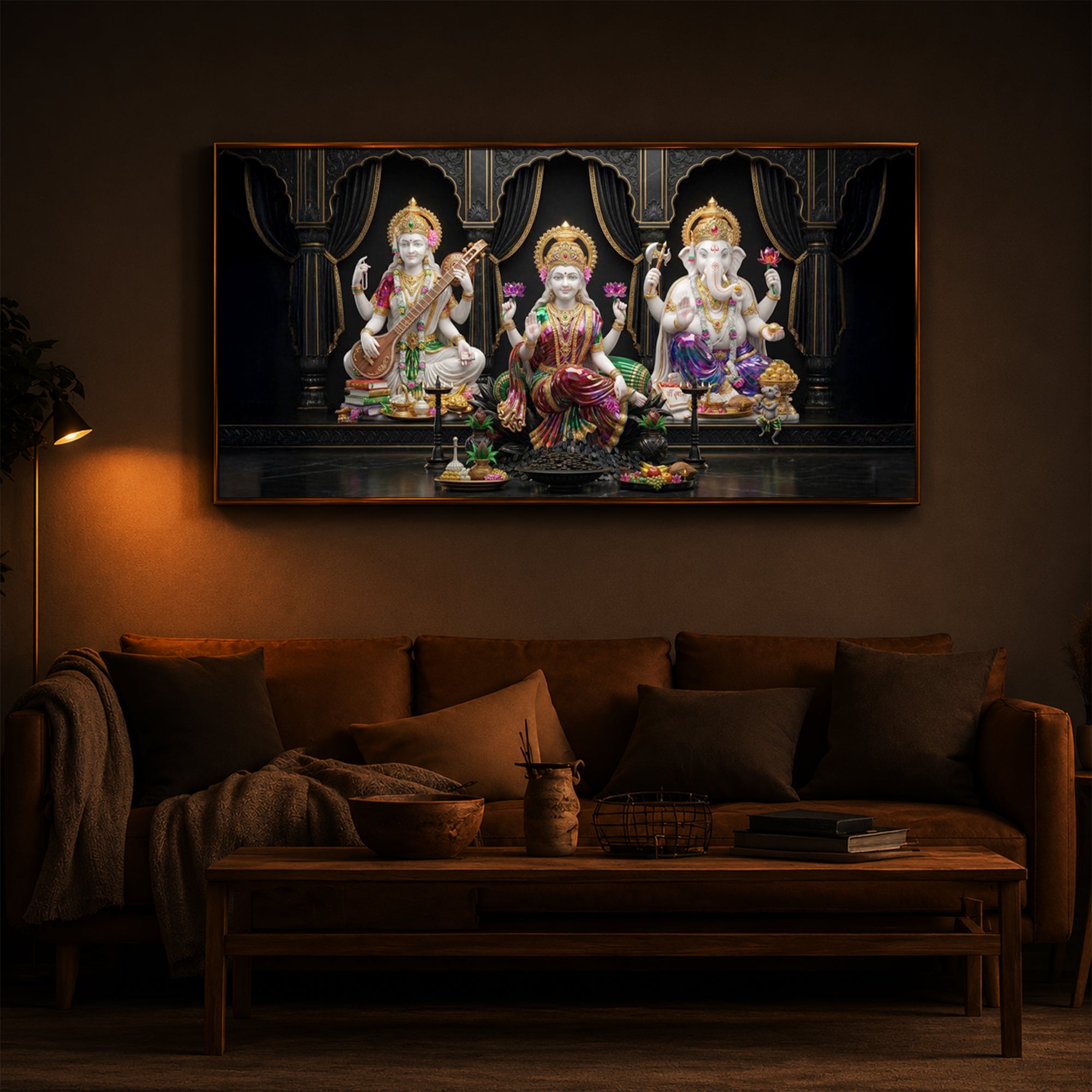 Saraswati,Lakshmi, & Lord Ganesha Modern Luxury Backlight Horizontal Wall Art