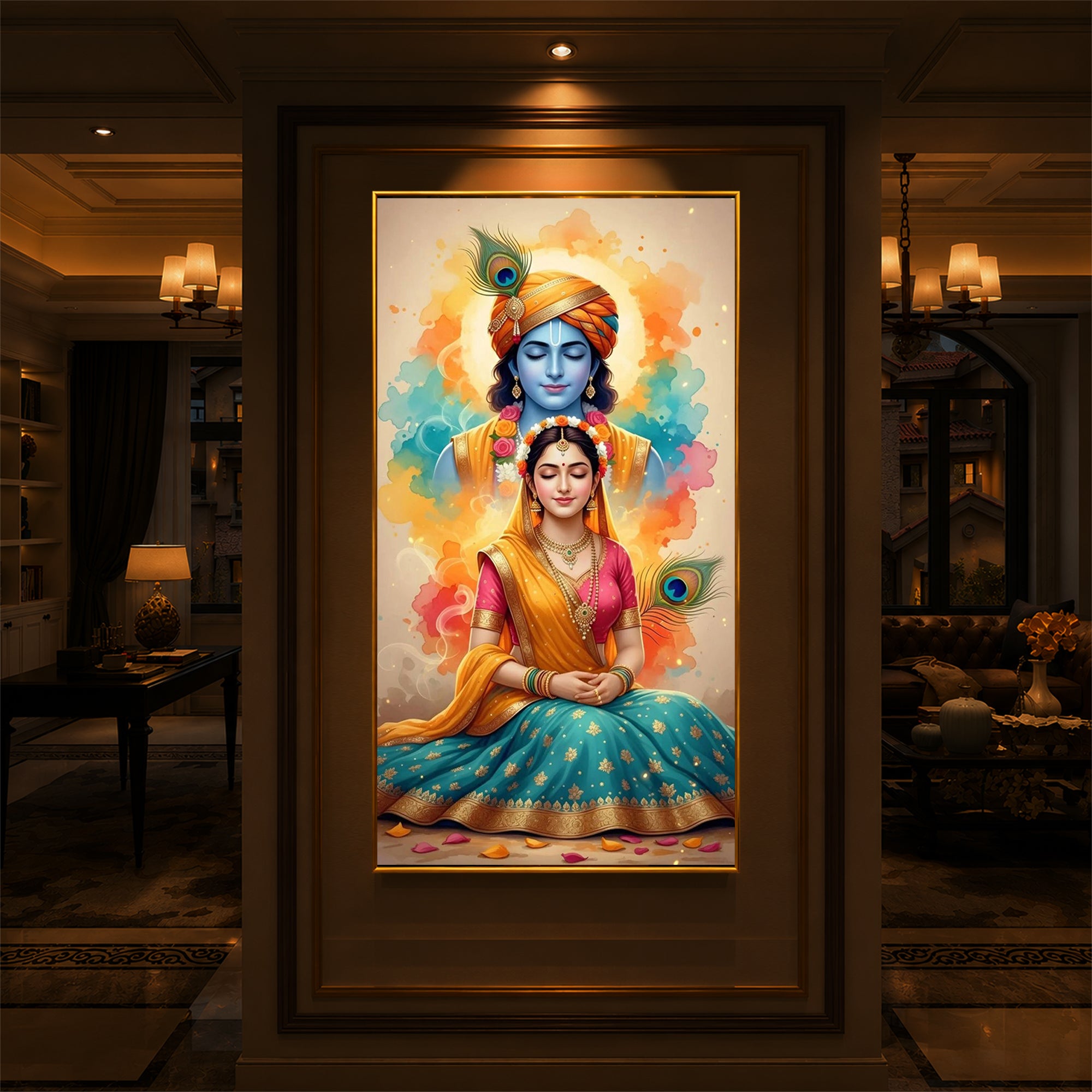 Radhe Krishna Modern Luxury Backlight Vertical Wall Art