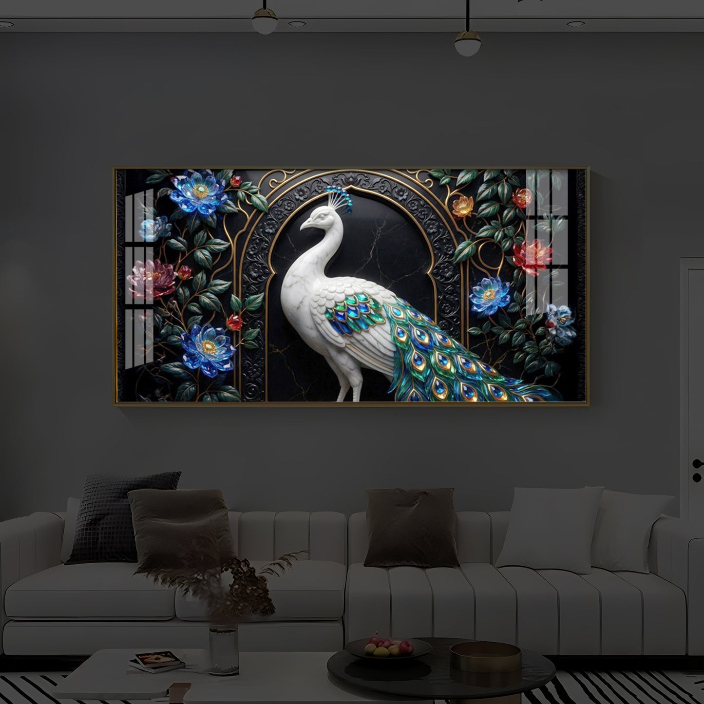 Majestic Peacock With Flower Modern Luxury Backlight Horizontal Wall Art