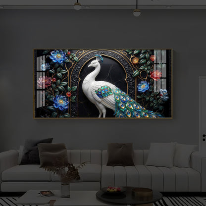 Majestic Peacock With Flower Modern Luxury Backlight Horizontal Wall Art