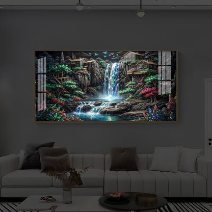 Lush Mountain Waterfall Modern Luxury Backlight Horizontal Wall Art