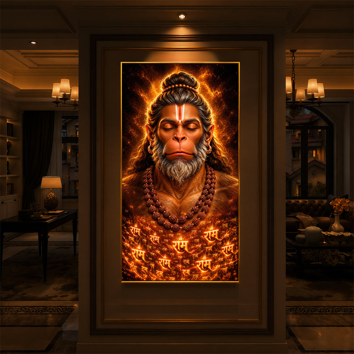 Divine Bajrangbali Meditating Modern Luxury Backlight Vertical Wall Art