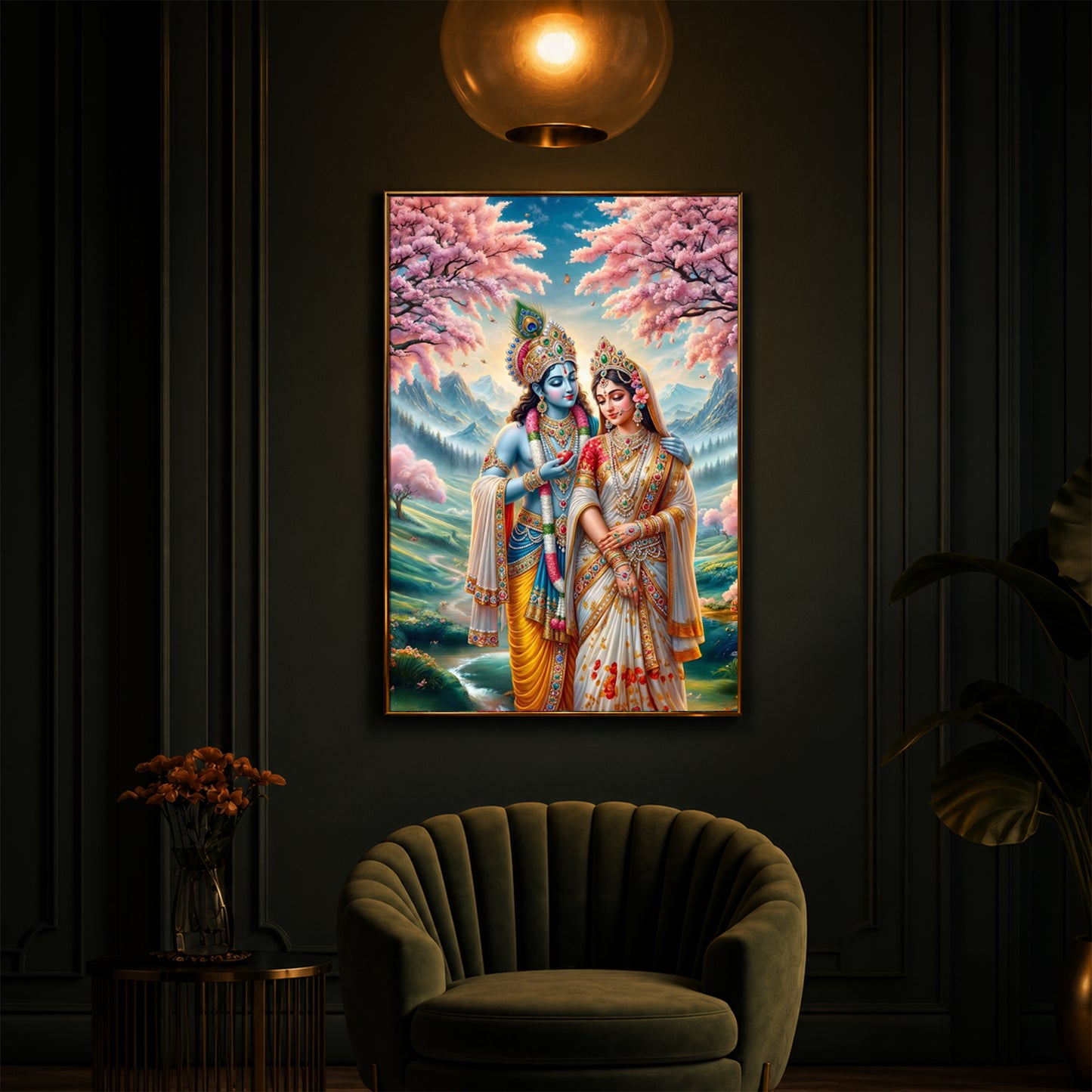 Radha Krishna Standing Together Modern Luxury Backlight Vertical Wall Art