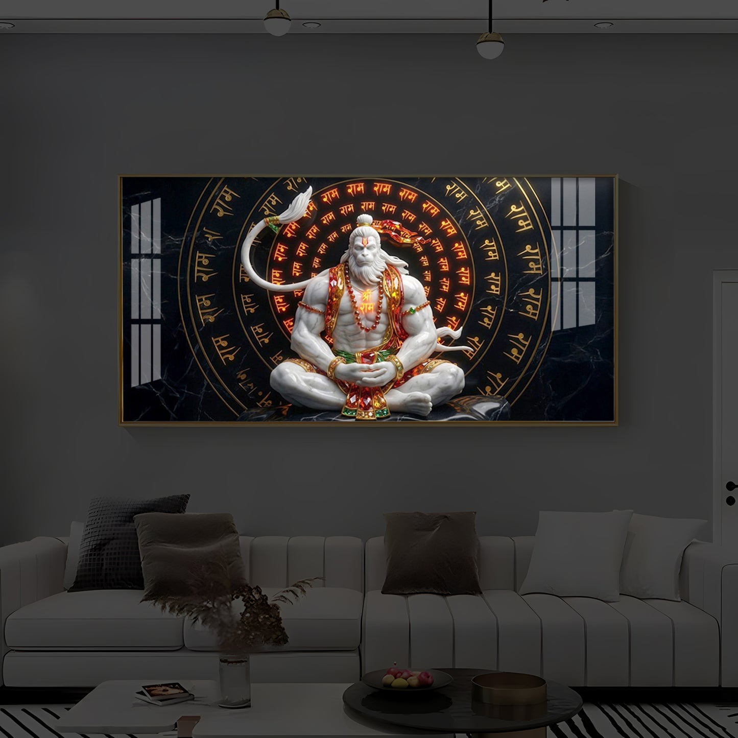 Lord Hanuman Sitting In A Meditative Modern Luxury Backlight Horizontal Wall Art