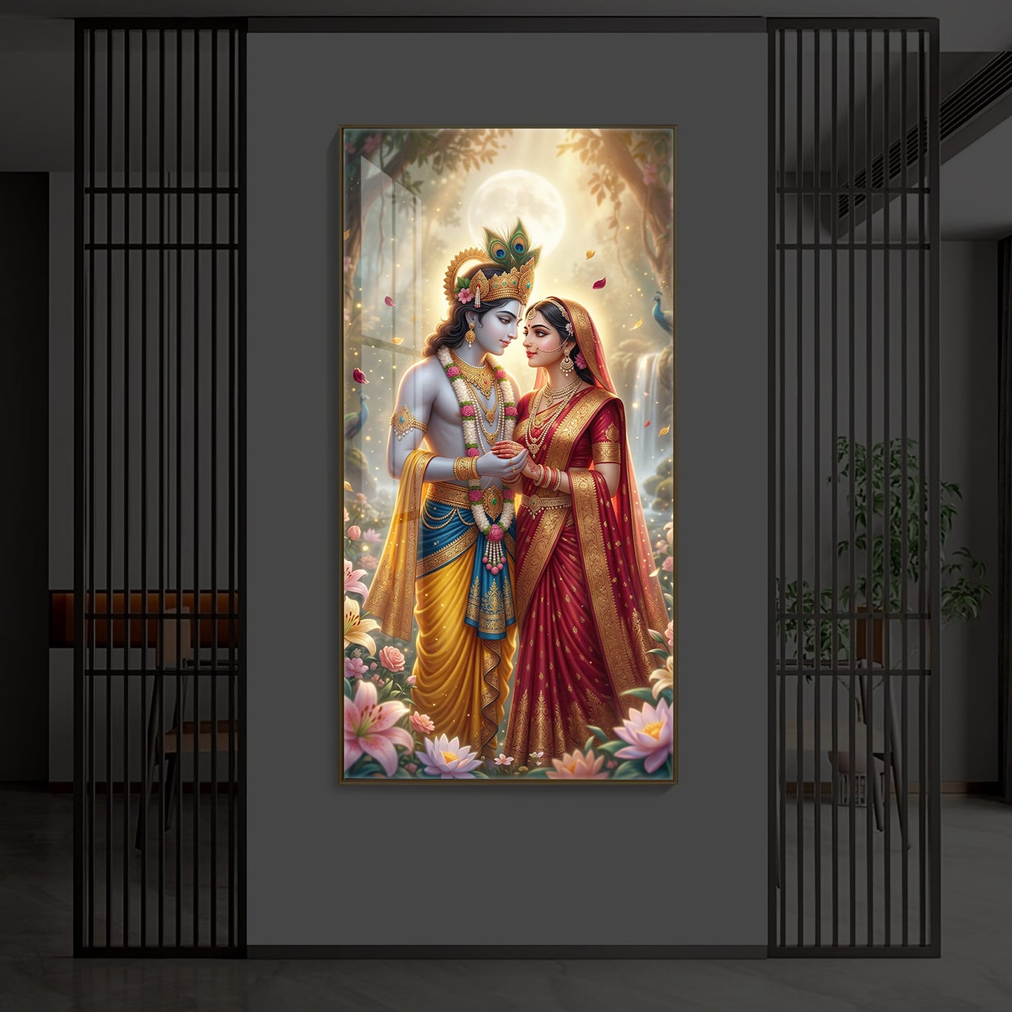 Loving Radha Krishna Ji Modern Luxury Backlight Vertical Wall Art