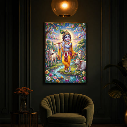 Little Kanha With Cow Modern Luxury Backlight Vertical Wall Art