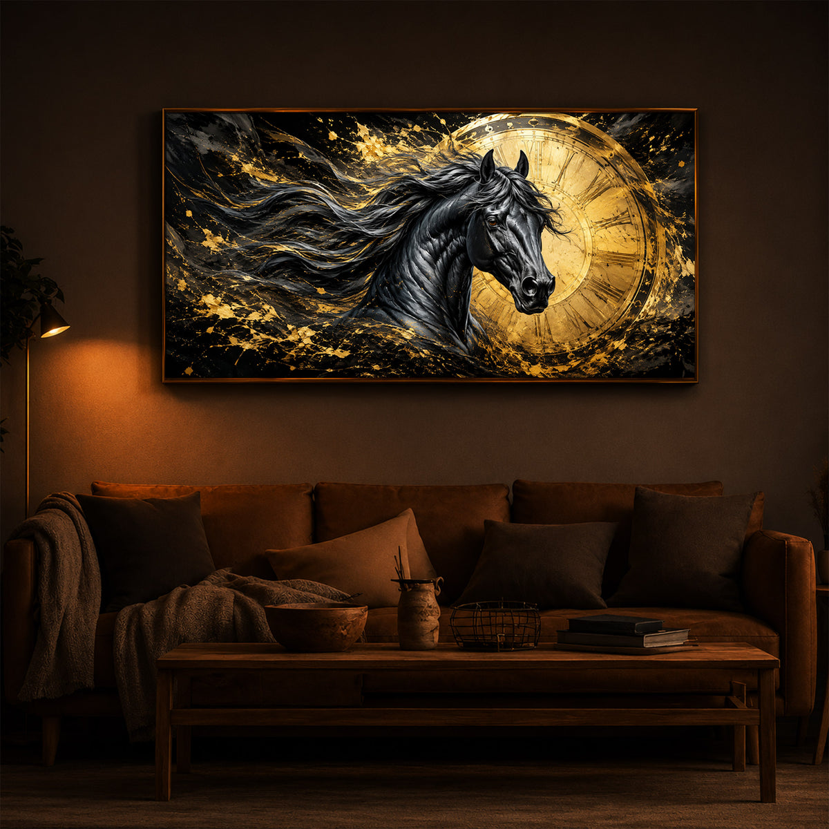 Abstract Black Horse Modern Luxury Backlight Horizontal Wall Art