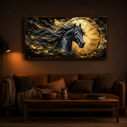 Abstract Black Horse Modern Luxury Backlight Horizontal Wall Art