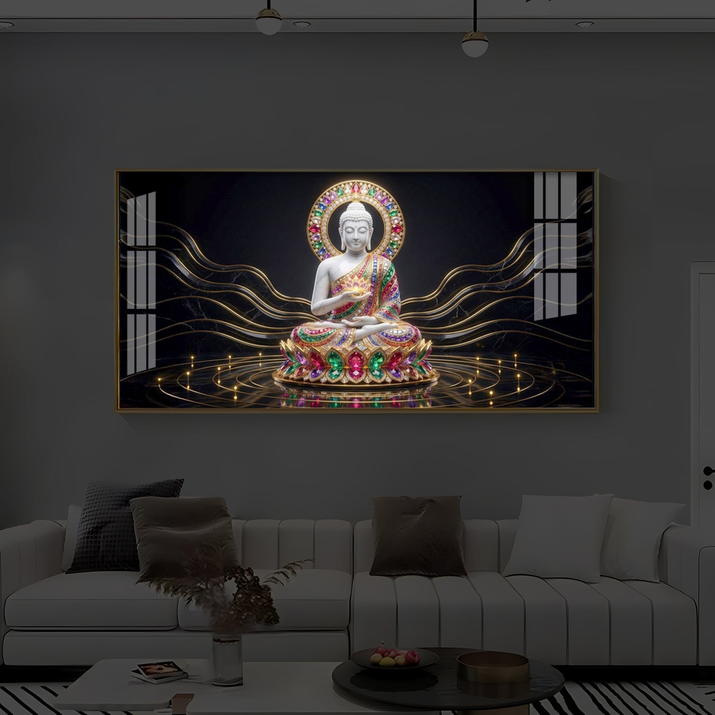 White Buddha Statue Modern Luxury Backlight Horizontal Wall Art