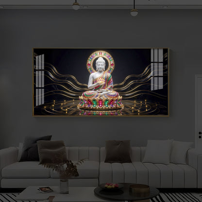 White Buddha Statue Modern Luxury Backlight Horizontal Wall Art