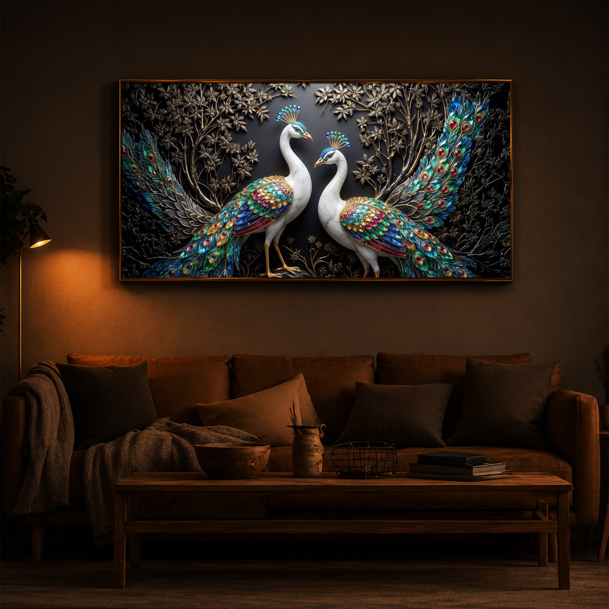 Serene Peacock Modern Luxury Backlight Horizontal Wall Art