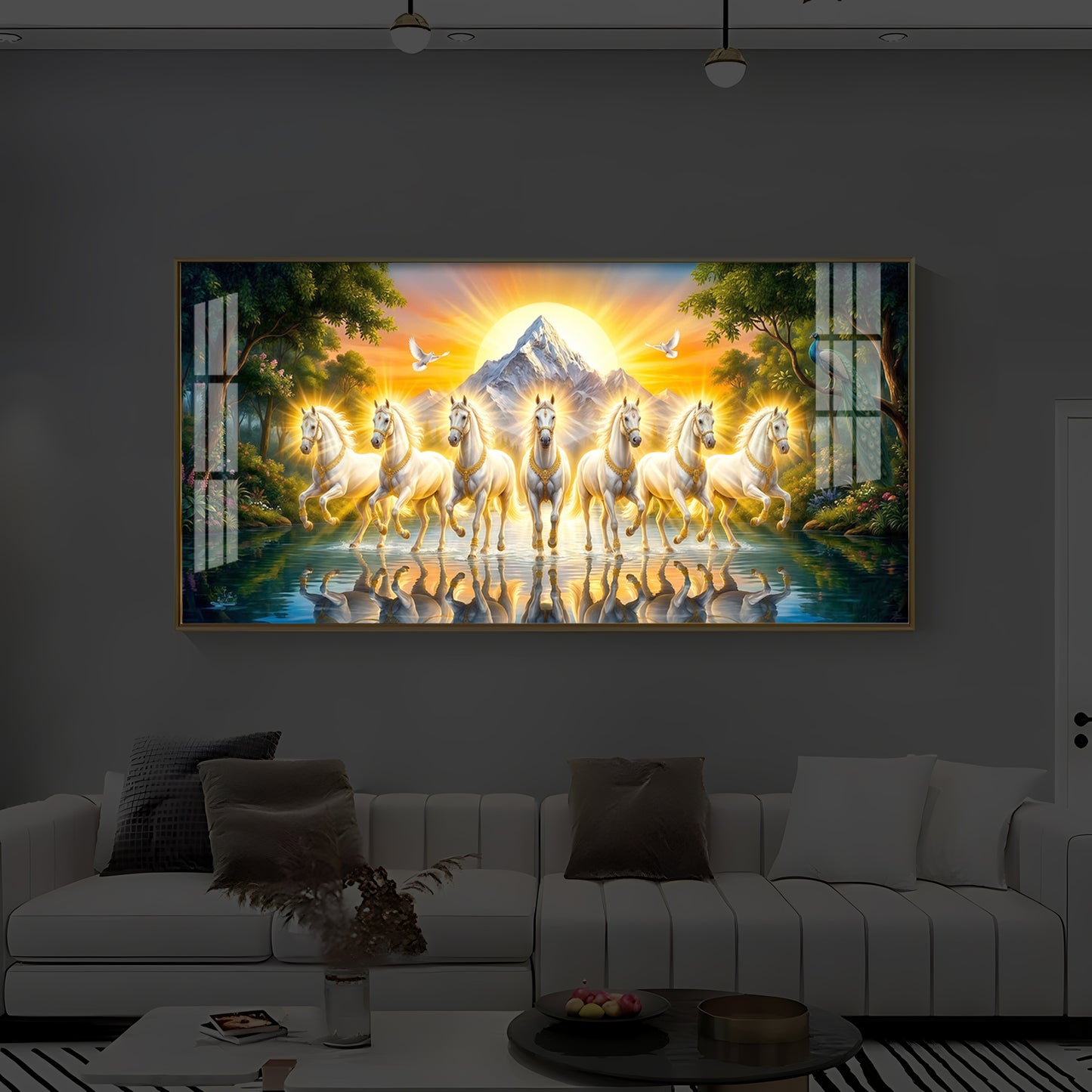 7 White Horses River Glloping Modern Luxury Backlight Horizontal Wall Art