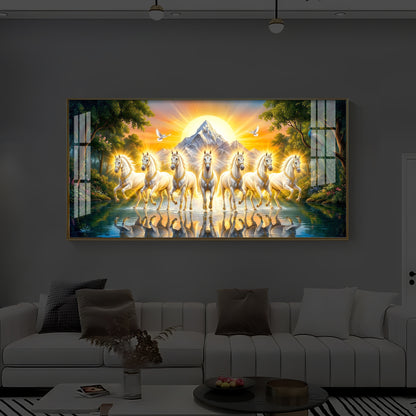 7 White Horses River Glloping Modern Luxury Backlight Horizontal Wall Art