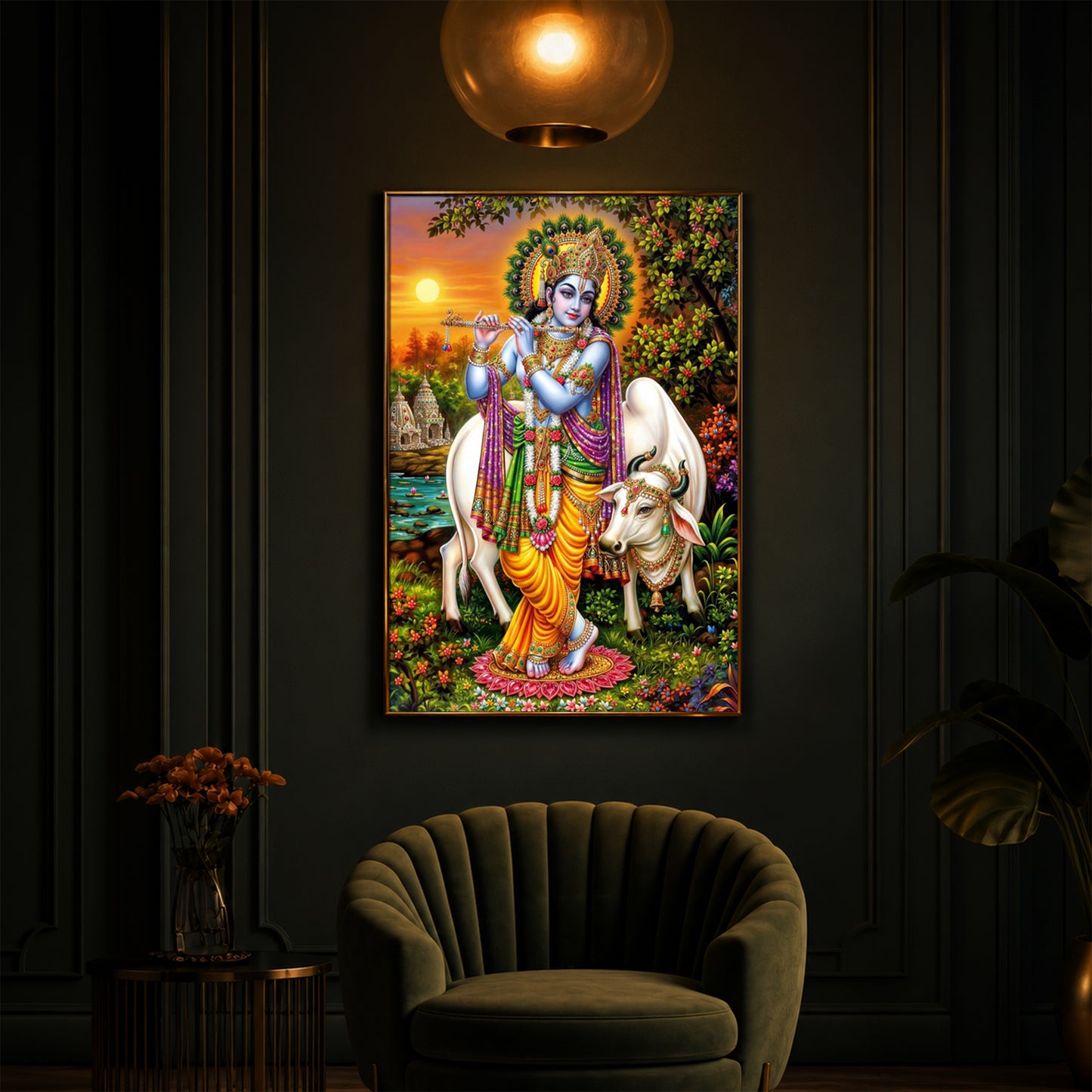Lord Krishna Playing The Flute Modern Luxury Backlight Vertical Wall Art