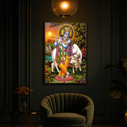 Lord Krishna Playing The Flute Modern Luxury Backlight Vertical Wall Art