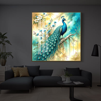 Peacock Perch Art Modern Luxury Backlight Square Wall Art