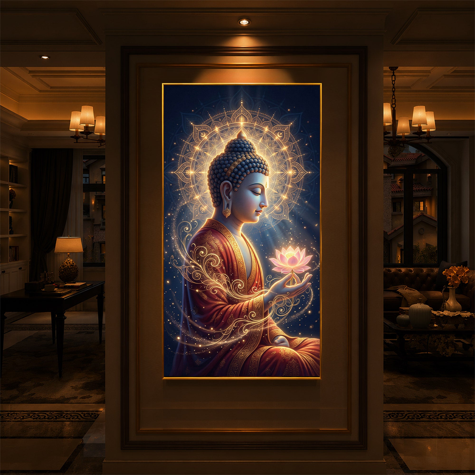 Depiction Of Buddha Modern Luxury Backlight Vertical Wall Art