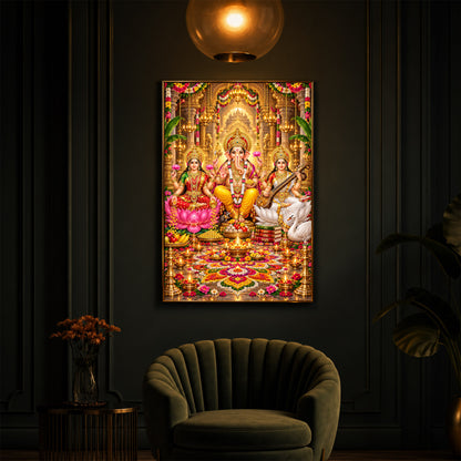 Maa Lakshmi, Lord Ganesha and Goddess Saraswati Modern Luxury Backlight Vertical Wall Art