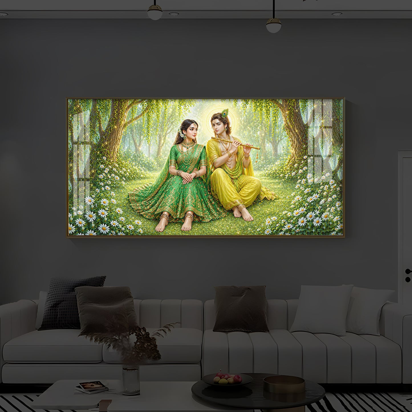 Divine Love Radhe Krishna Modern Luxury Backlight Horizontal Wall Art