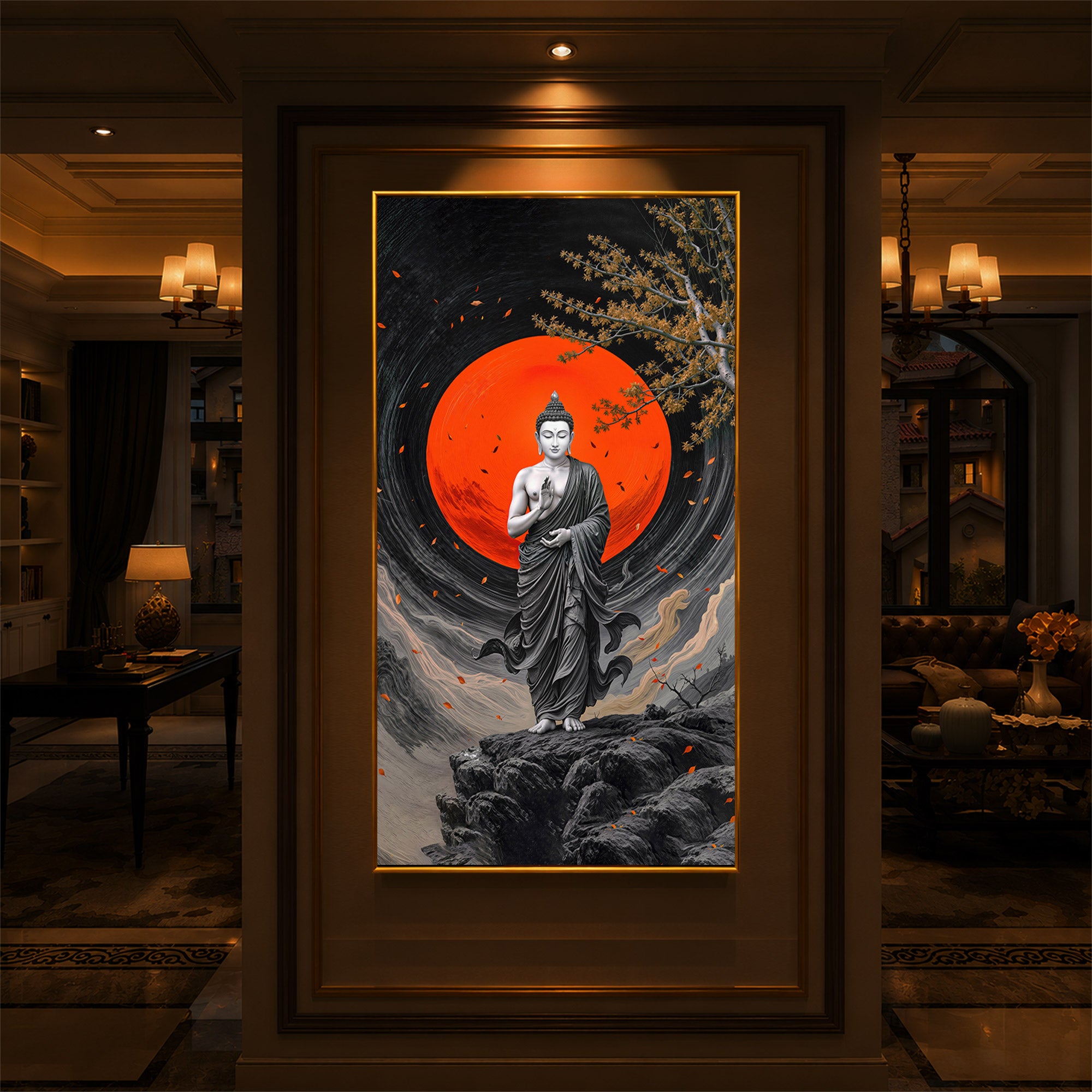 Namo Buddhay Modern Luxury Backlight Vertical Wall Art