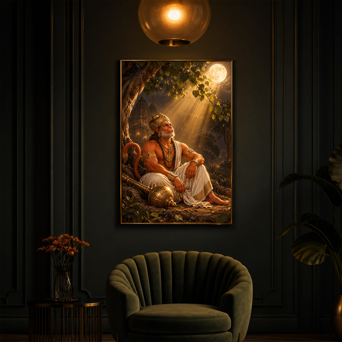 Hanuman Ji Under Tree Modern Luxury Backlight Vertical Wall Art