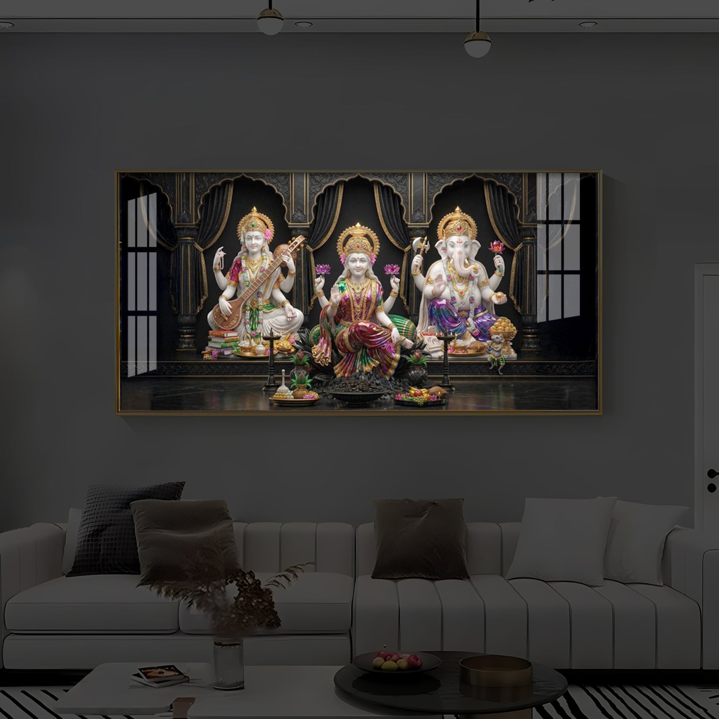 Saraswati,Lakshmi, & Lord Ganesha Modern Luxury Backlight Horizontal Wall Art