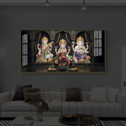 Saraswati,Lakshmi, & Lord Ganesha Modern Luxury Backlight Horizontal Wall Art