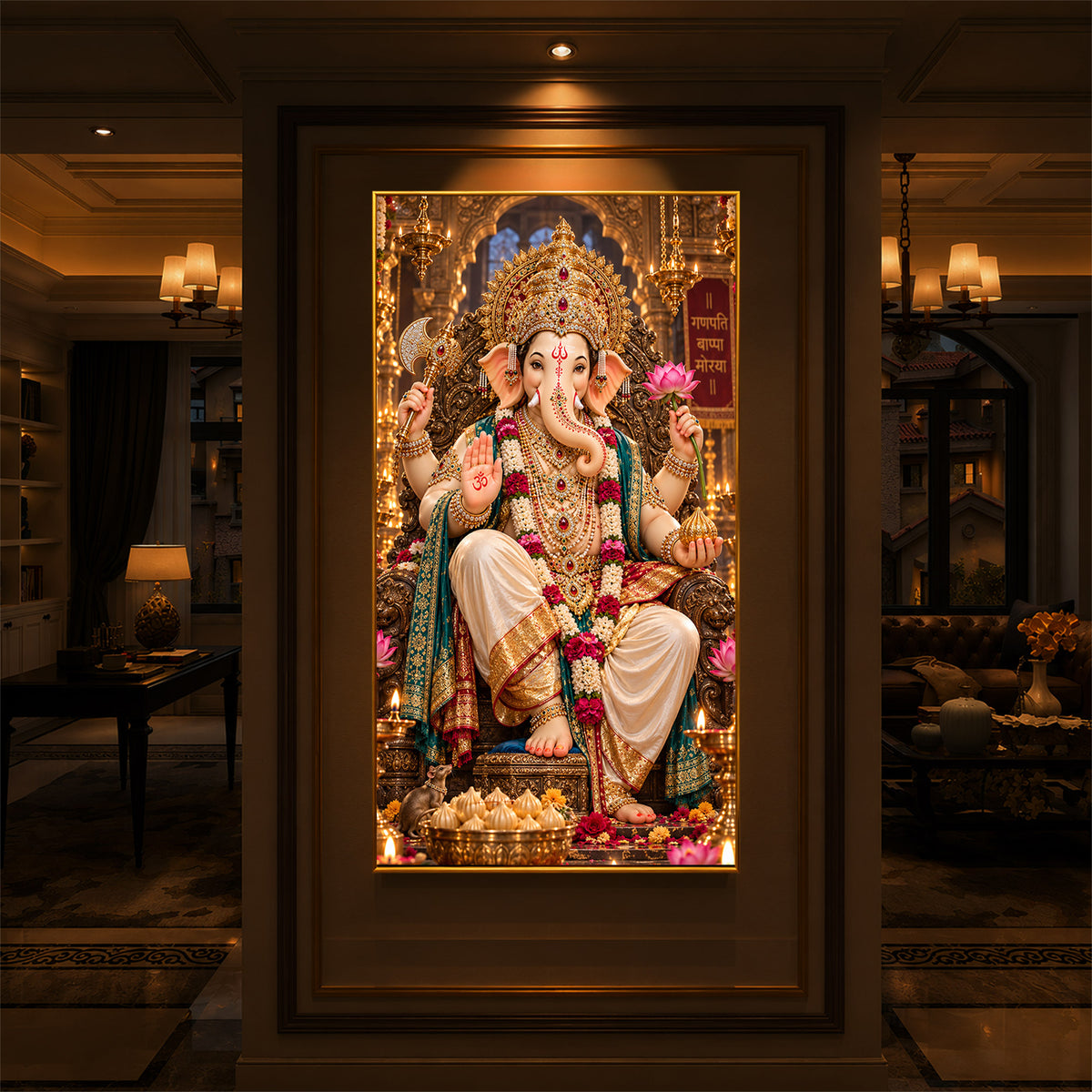Ganapati Bappa Divine Blessings Modern Luxury Backlight Vertical Wall Art