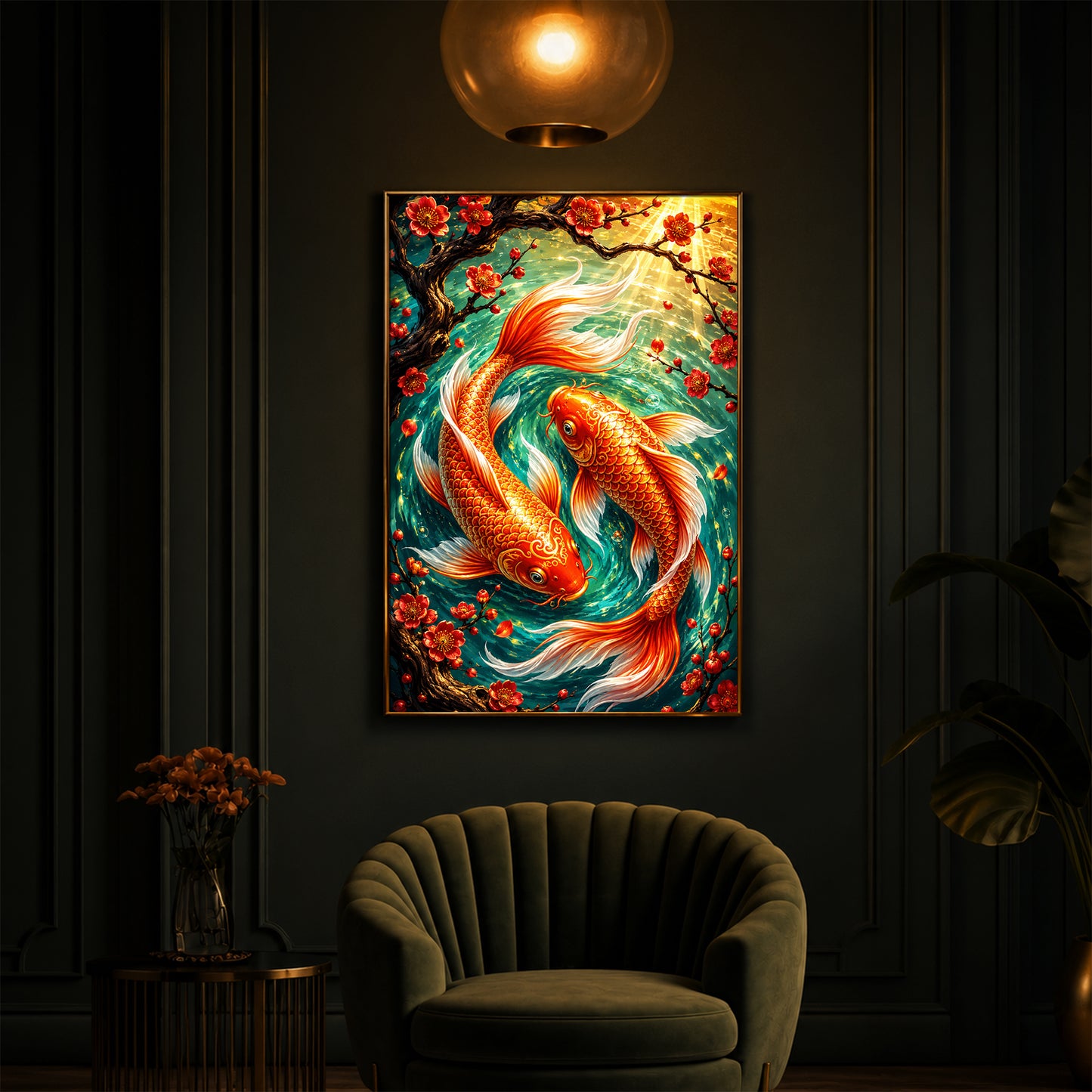 Two Beautiful Koi Fish Modern Luxury Backlight Vertical Wall Art
