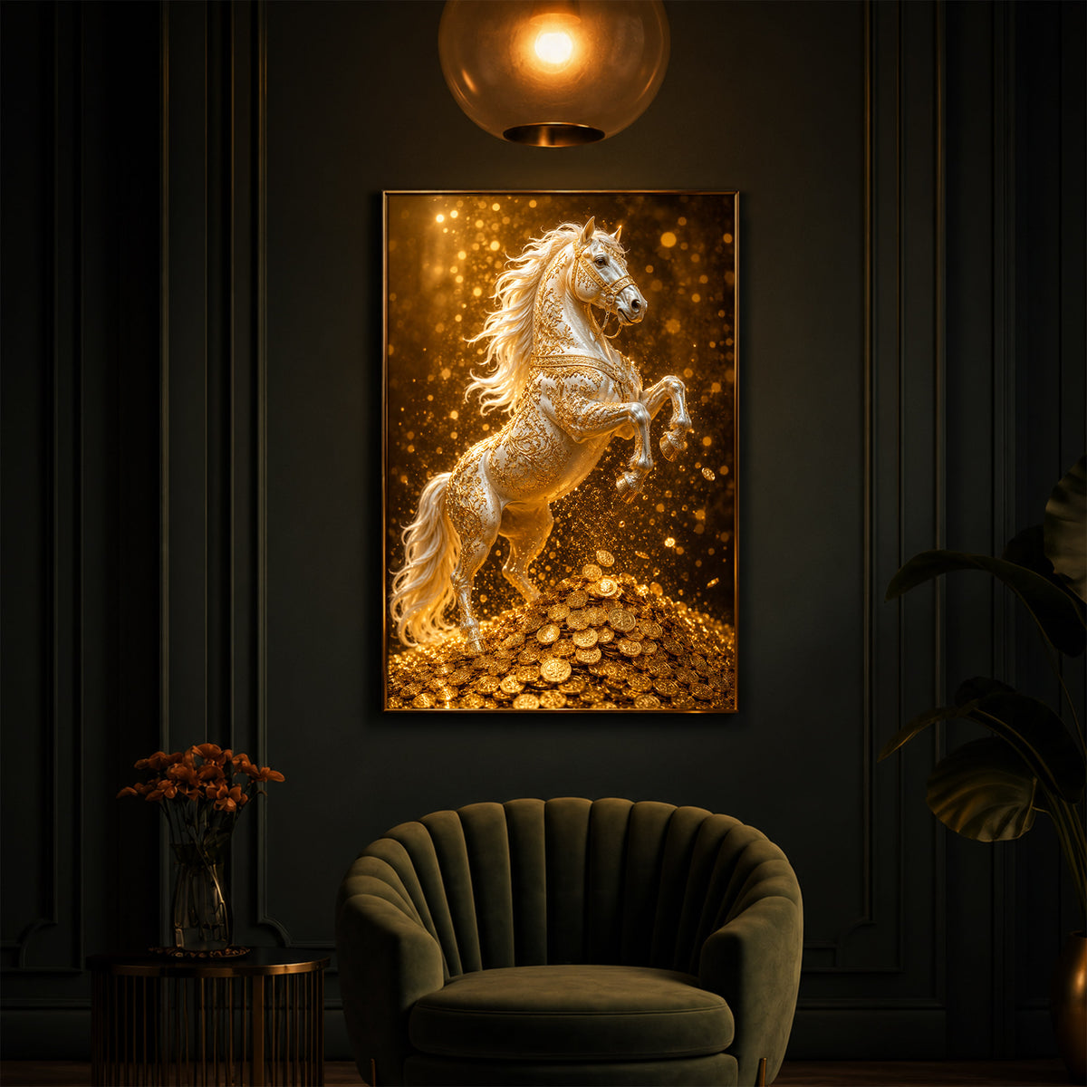 Majestic Golden Horse Modern Luxury Backlight Vertical Wall Art
