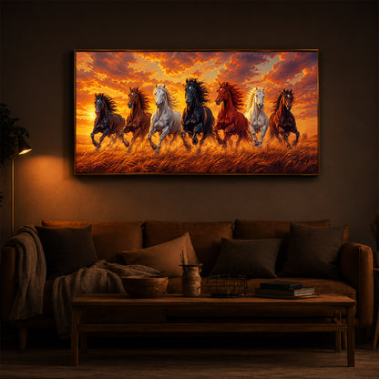 7 Running Horses With Sunset Modern Luxury Backlight Horizontal Wall Art