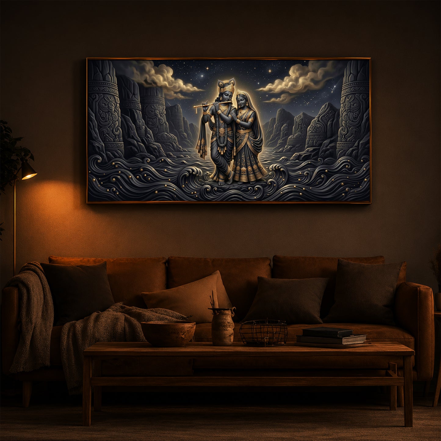 Depiction Of Radha Krishna Modern Luxury Backlight Horizontal Wall Art