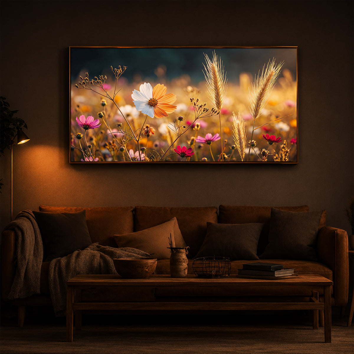 Golden Wildflower Meadow Modern Luxury Backlight Horizontal Wall Art